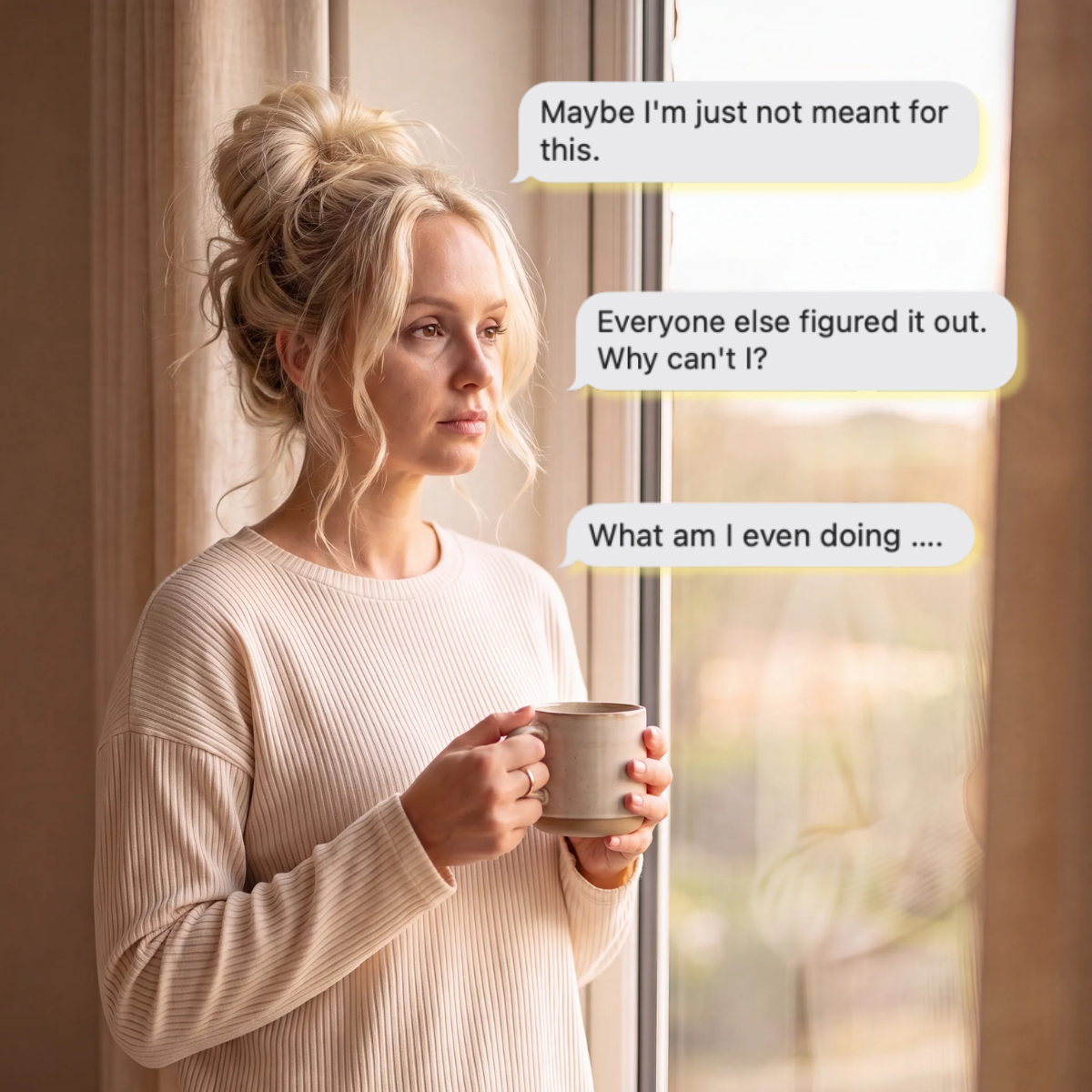 Woman holding a mug by a window, looking out with quiet hope