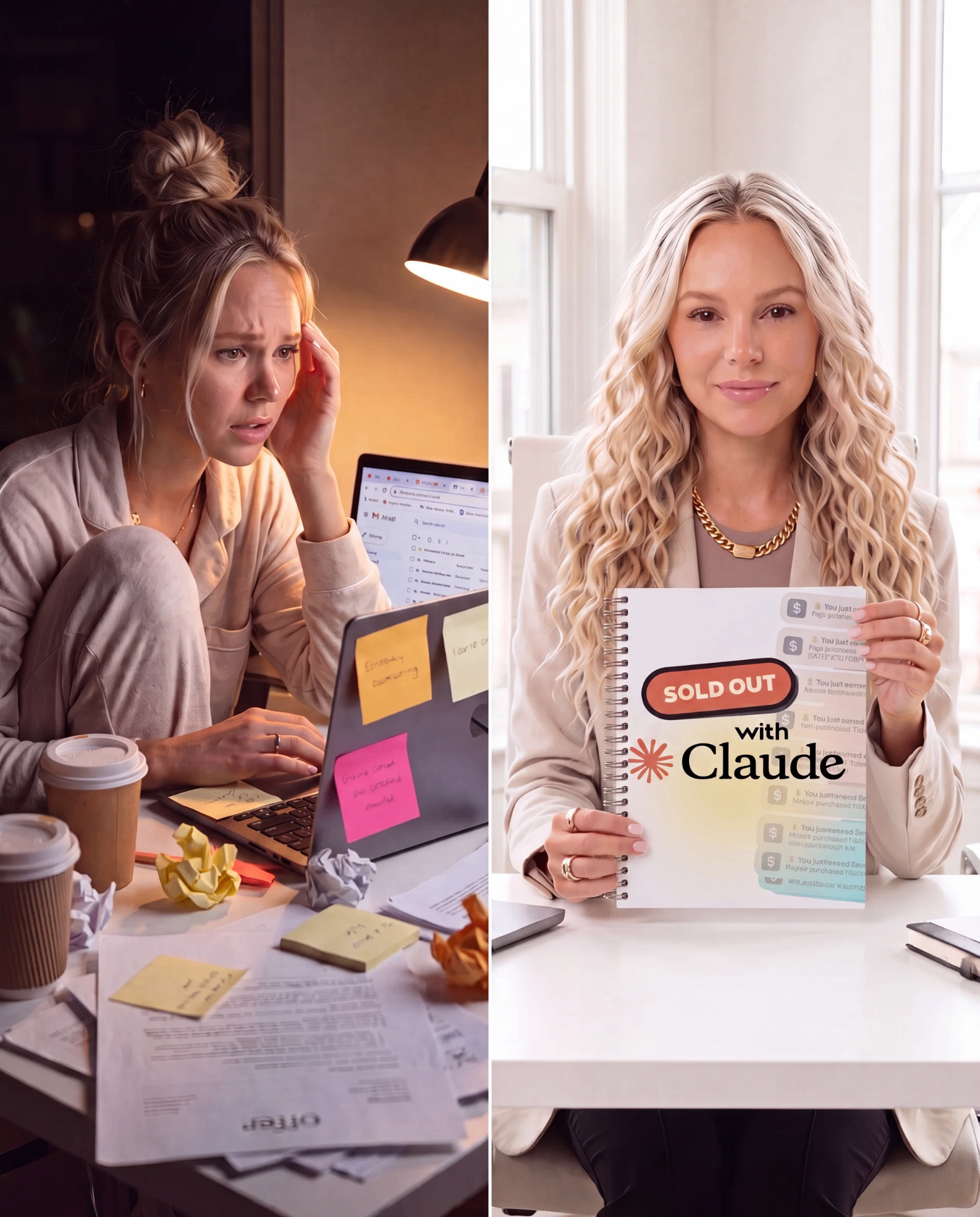 Before and after: from overwhelmed at a desk to confidently holding the Sold Out with Claude offer