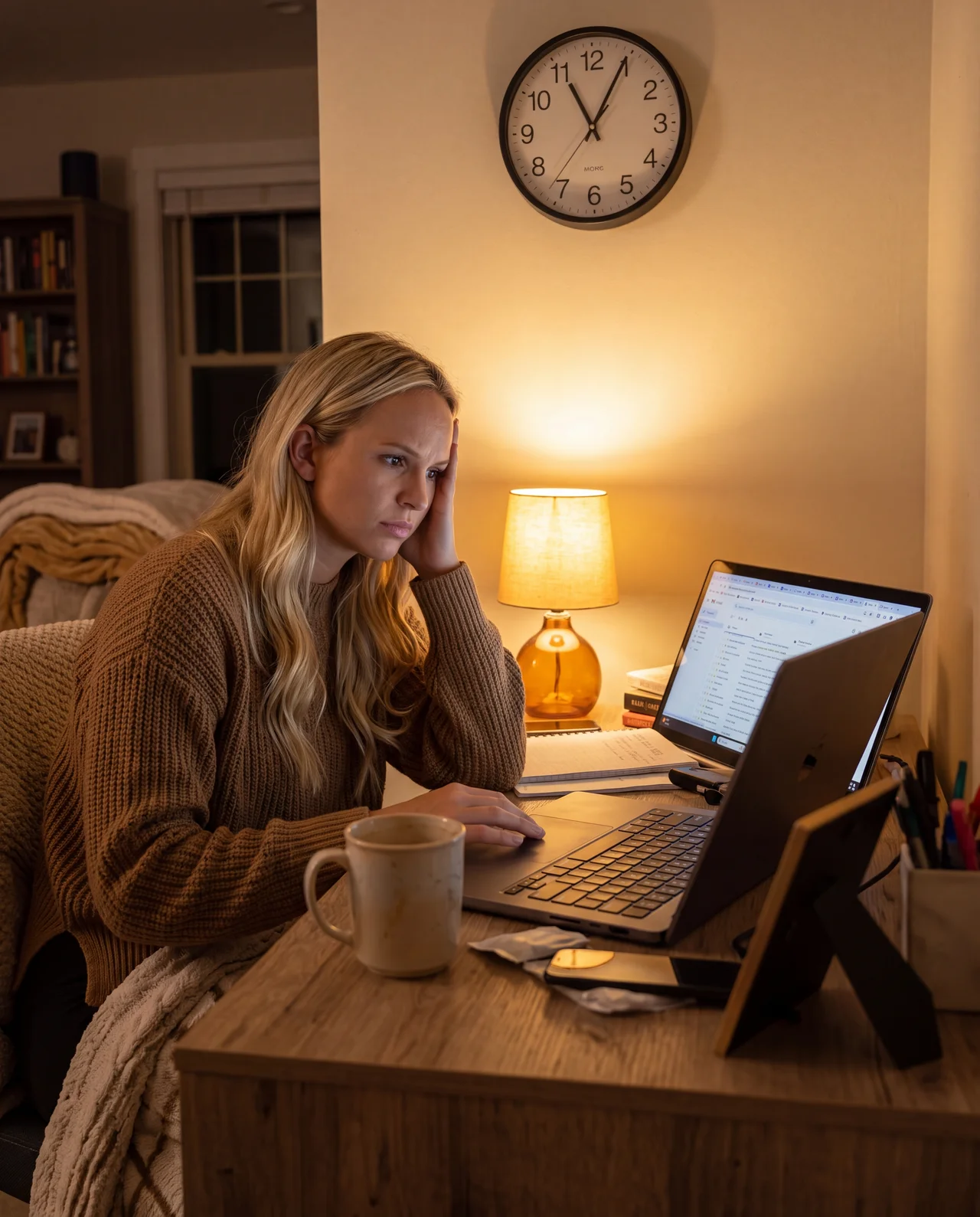 Woman working on laptop with coffee in a warm home setting